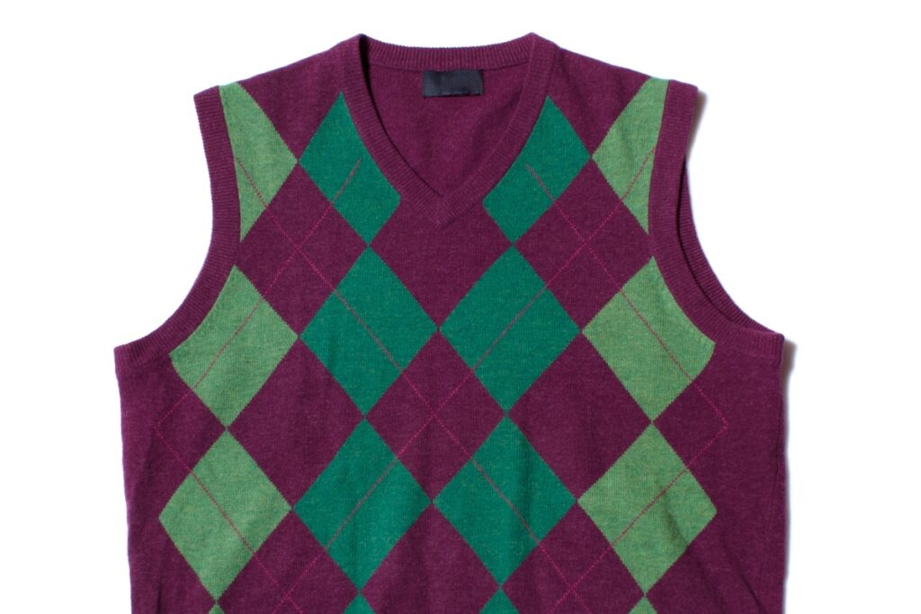Argyle golf vest in purple and green.