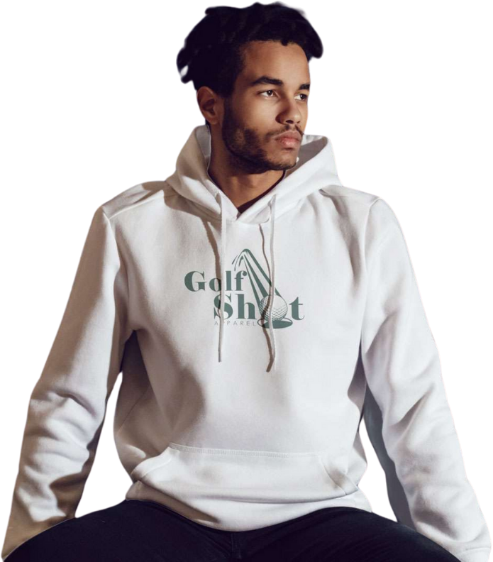 A person wearing a white hoodie with the text "Golf Shot Apparel" and a graphic design on the front, seated and looking to the side.