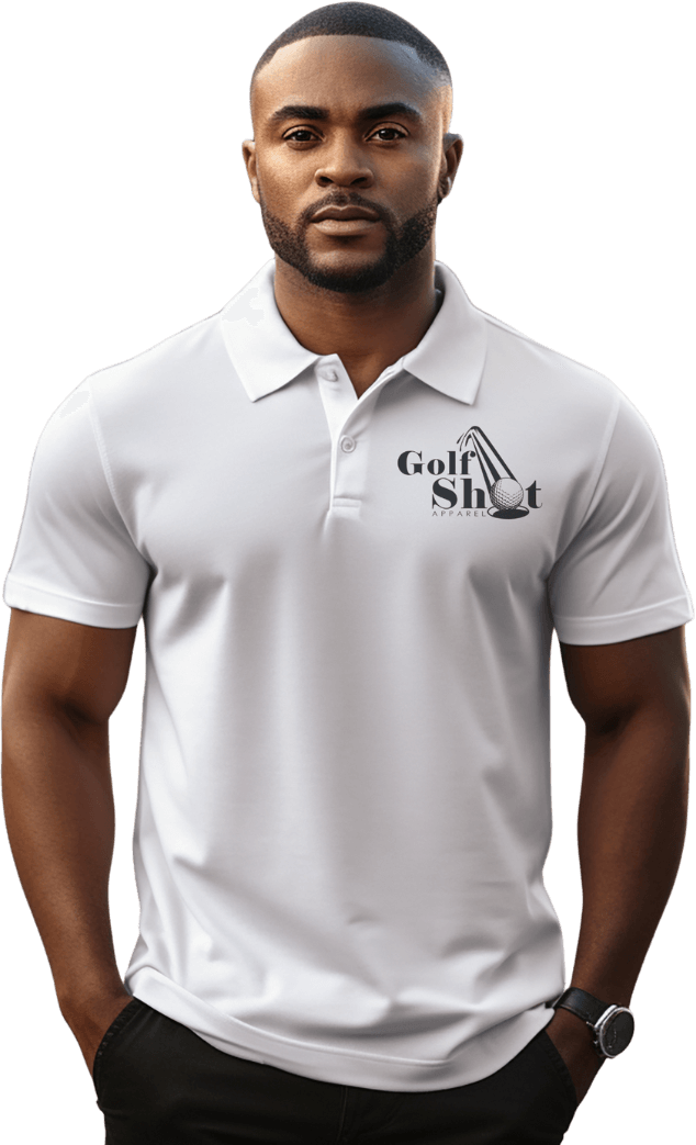 A man with a short beard wearing a white polo shirt with the "Golf Shot Apparel" logo stands with his hands in his pockets.