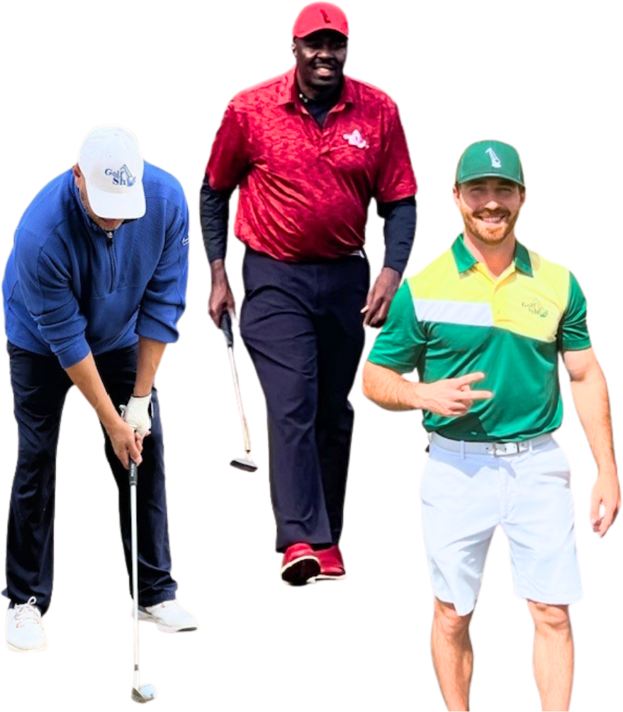 Three men in golf attire: the left one in blue bending over to putt, the middle one in red standing with a club poised for his golf shot, and the right one in green and yellow holding up his hand with a smile.
